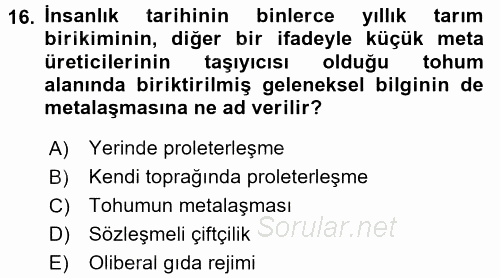 Toplumsal Tabakalaşma ve Eşitsizlik 2015 - 2016 Tek Ders Sınavı 16.Soru