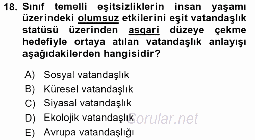 Toplumsal Tabakalaşma ve Eşitsizlik 2015 - 2016 Tek Ders Sınavı 18.Soru