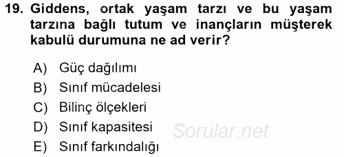 Toplumsal Tabakalaşma ve Eşitsizlik 2015 - 2016 Tek Ders Sınavı 19.Soru