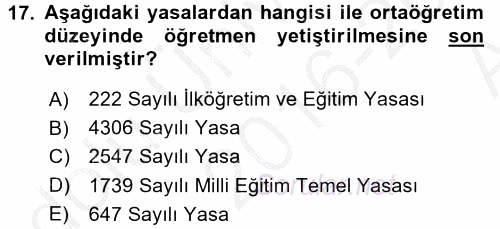 Türk Eğitim Tarihi 2016 - 2017 Ara Sınavı 17.Soru