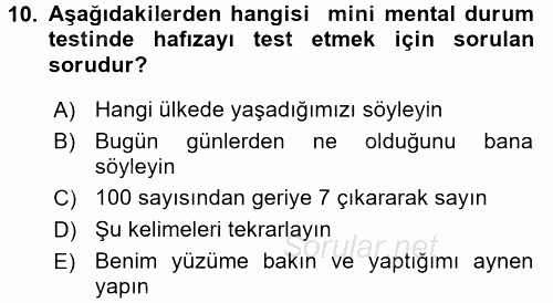 Temel Bakım Hizmetleri 2016 - 2017 Ara Sınavı 10.Soru