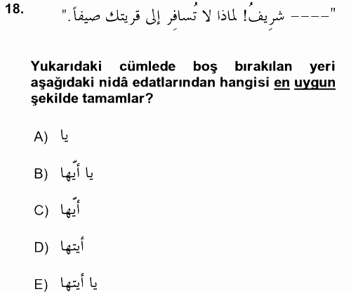 Arapça 4 2017 - 2018 3 Ders Sınavı 18.Soru