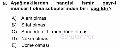 Arapça 4 2017 - 2018 3 Ders Sınavı 8.Soru