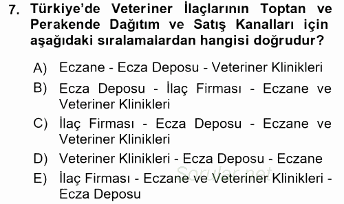 Temel Veteriner Farmakoloji ve Toksikoloji 2017 - 2018 3 Ders Sınavı 7.Soru