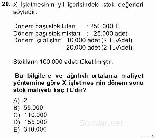 Muhasebe Yazılımları 2014 - 2015 Ara Sınavı 20.Soru