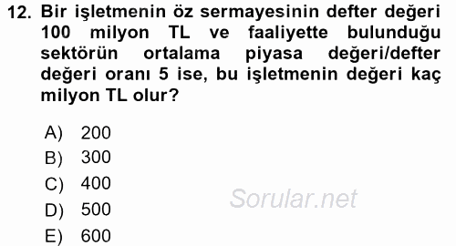 Finansal Yönetim 2 2017 - 2018 3 Ders Sınavı 12.Soru