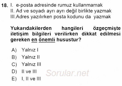 Mesleki Yazışmalar 2015 - 2016 Dönem Sonu Sınavı 18.Soru