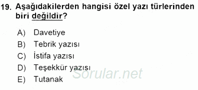 Mesleki Yazışmalar 2015 - 2016 Dönem Sonu Sınavı 19.Soru