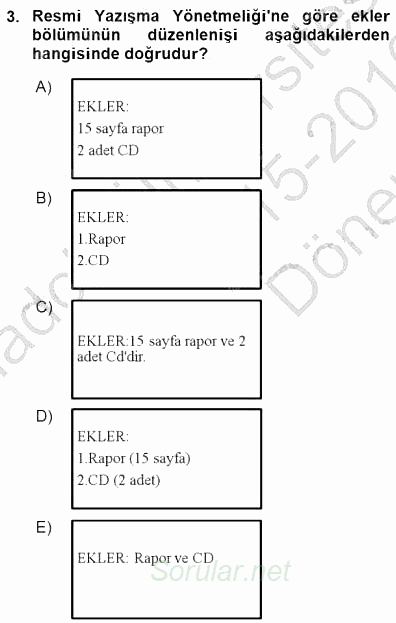 Mesleki Yazışmalar 2015 - 2016 Dönem Sonu Sınavı 3.Soru