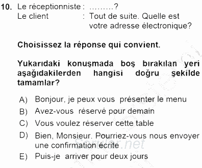 Turizm İçin Fransızca 1 2015 - 2016 Ara Sınavı 10.Soru
