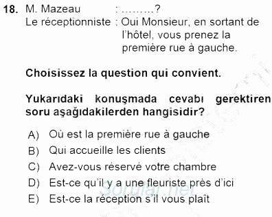 Turizm İçin Fransızca 1 2015 - 2016 Ara Sınavı 18.Soru