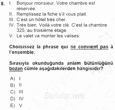 Turizm İçin Fransızca 1 2015 - 2016 Ara Sınavı 8.Soru