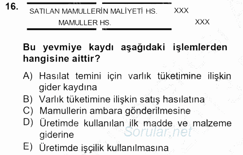 Maliyet Analizleri 2012 - 2013 Dönem Sonu Sınavı 16.Soru