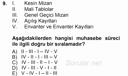 Genel Muhasebe 1 2014 - 2015 Tek Ders Sınavı 9.Soru