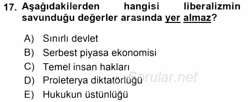 Siyaset Bilimi 2017 - 2018 3 Ders Sınavı 17.Soru