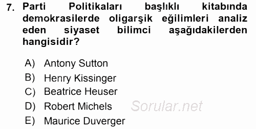 Siyaset Bilimi 2017 - 2018 3 Ders Sınavı 7.Soru