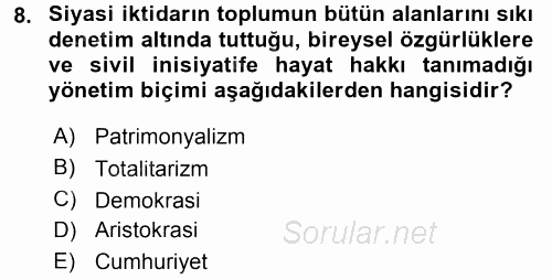 Siyaset Bilimi 2017 - 2018 3 Ders Sınavı 8.Soru