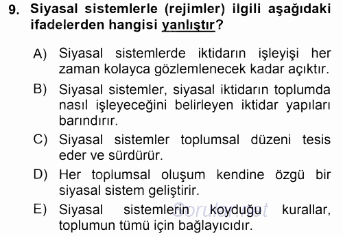 Siyaset Bilimi 2017 - 2018 3 Ders Sınavı 9.Soru