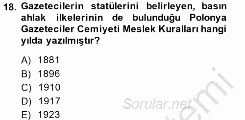 Medya ve Etik 2014 - 2015 Dönem Sonu Sınavı 18.Soru