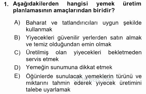Mutfak Hizmetleri Yönetimi 2016 - 2017 Dönem Sonu Sınavı 1.Soru