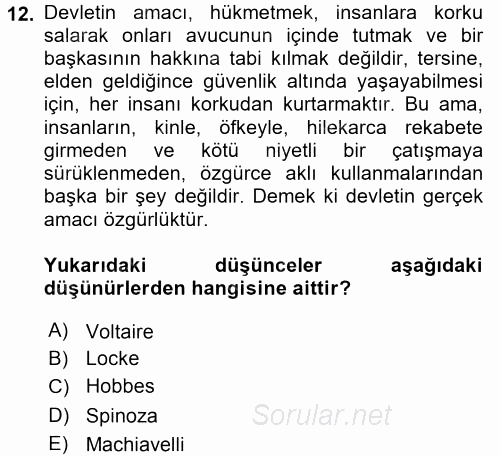 Siyasi Düşünceler Tarihi 2017 - 2018 Dönem Sonu Sınavı 12.Soru