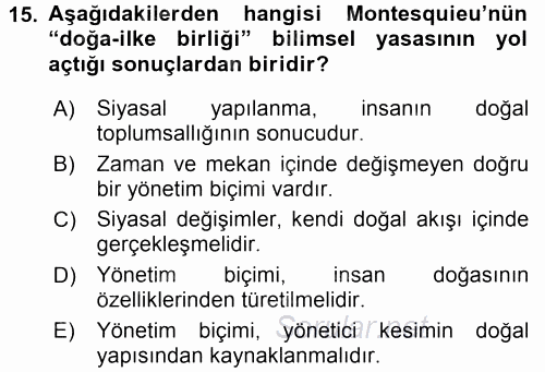 Siyasi Düşünceler Tarihi 2017 - 2018 Dönem Sonu Sınavı 15.Soru