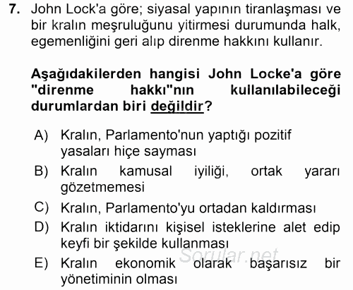 Siyasi Düşünceler Tarihi 2017 - 2018 Dönem Sonu Sınavı 7.Soru