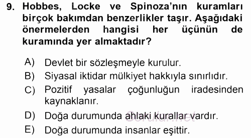 Siyasi Düşünceler Tarihi 2017 - 2018 Dönem Sonu Sınavı 9.Soru