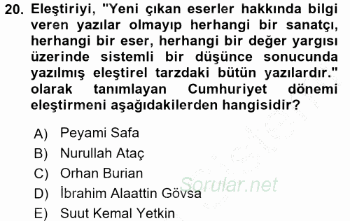 Eleştiri Tarihi 2016 - 2017 3 Ders Sınavı 20.Soru