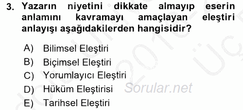 Eleştiri Tarihi 2016 - 2017 3 Ders Sınavı 3.Soru