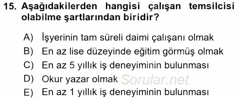 İş Sağlığı ve Güvenliği 2016 - 2017 Dönem Sonu Sınavı 15.Soru