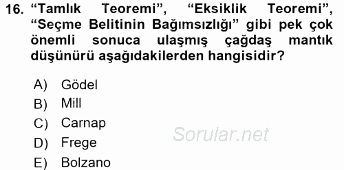 Mantığın Gelişimi 2017 - 2018 Dönem Sonu Sınavı 16.Soru