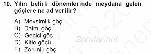 Osmanlı´da İskan ve Göç 2012 - 2013 Dönem Sonu Sınavı 10.Soru