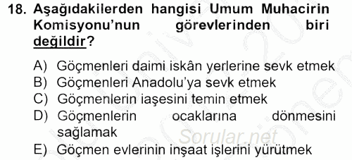 Osmanlı´da İskan ve Göç 2012 - 2013 Dönem Sonu Sınavı 18.Soru