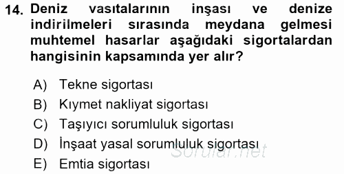 Hayat Dışı Sigortalar 2015 - 2016 Ara Sınavı 14.Soru