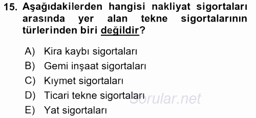 Hayat Dışı Sigortalar 2015 - 2016 Ara Sınavı 15.Soru