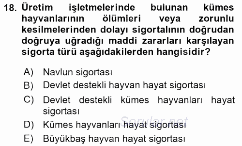 Hayat Dışı Sigortalar 2015 - 2016 Ara Sınavı 18.Soru