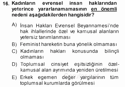Toplumsal Yaşamda Aile 2013 - 2014 Dönem Sonu Sınavı 16.Soru
