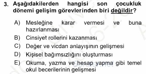 Gelişimsel Tanı Ve Değerlendirme Yöntemleri 2016 - 2017 Ara Sınavı 3.Soru