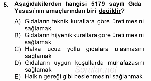 Gıda Bilimi ve Teknolojisi 2014 - 2015 Tek Ders Sınavı 5.Soru