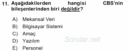 Coğrafi Bilgi Sistemleri 2017 - 2018 Dönem Sonu Sınavı 11.Soru