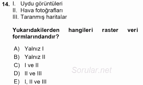 Coğrafi Bilgi Sistemleri 2017 - 2018 Dönem Sonu Sınavı 14.Soru