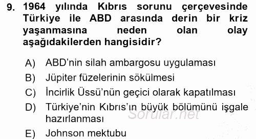 Türk Dış Politikası 1 2015 - 2016 Dönem Sonu Sınavı 9.Soru