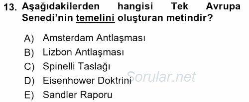 Siyasi Tarih 2 2015 - 2016 Dönem Sonu Sınavı 13.Soru