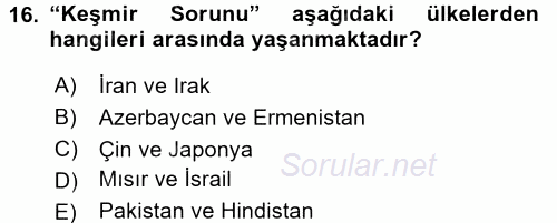 Siyasi Tarih 2 2015 - 2016 Dönem Sonu Sınavı 16.Soru