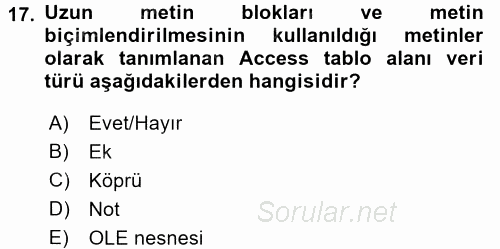 Veritabanı Sistemleri 2017 - 2018 Ara Sınavı 17.Soru
