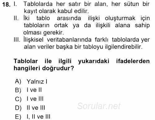 Veritabanı Sistemleri 2017 - 2018 Ara Sınavı 18.Soru