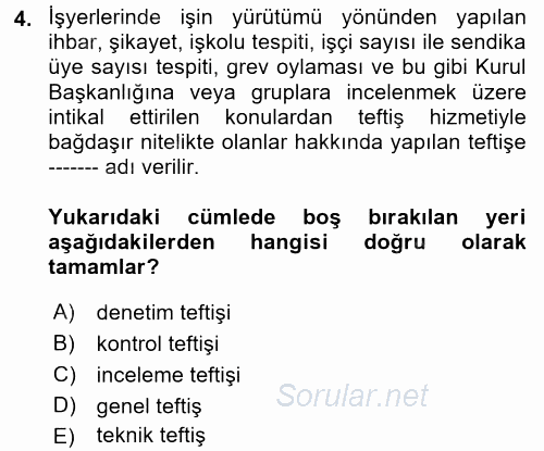 Çalışma Yaşamının Denetimi 2017 - 2018 Dönem Sonu Sınavı 4.Soru
