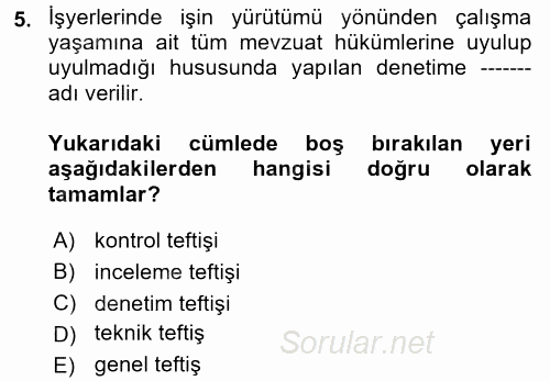 Çalışma Yaşamının Denetimi 2017 - 2018 Dönem Sonu Sınavı 5.Soru