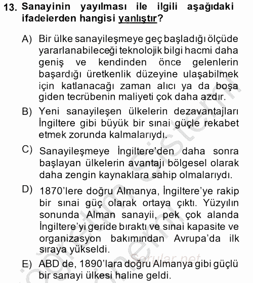 İktisat Tarihi 2013 - 2014 Dönem Sonu Sınavı 13.Soru